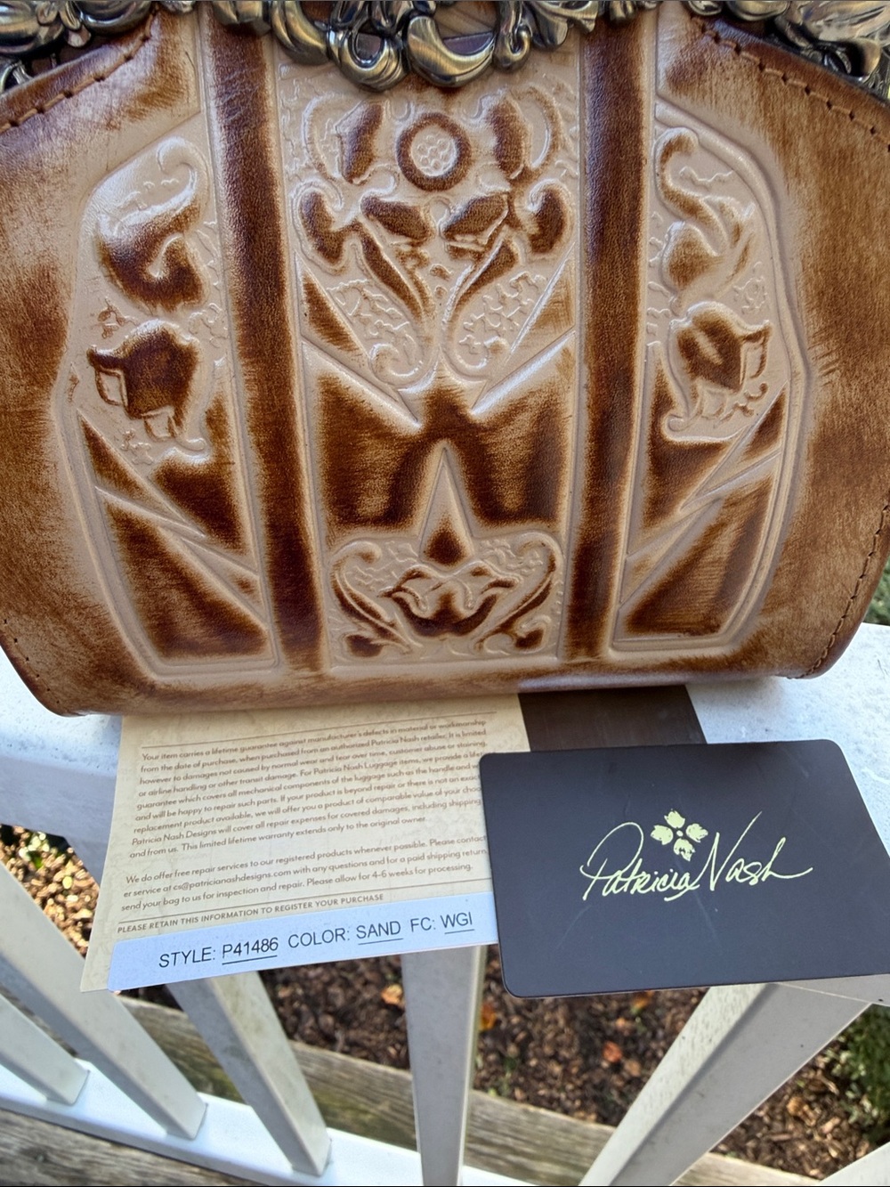 Patricia Nash Sand and Tan Embossed Leather Shoulder Bag with Ornate Metal Frame - Picture 7 of 17